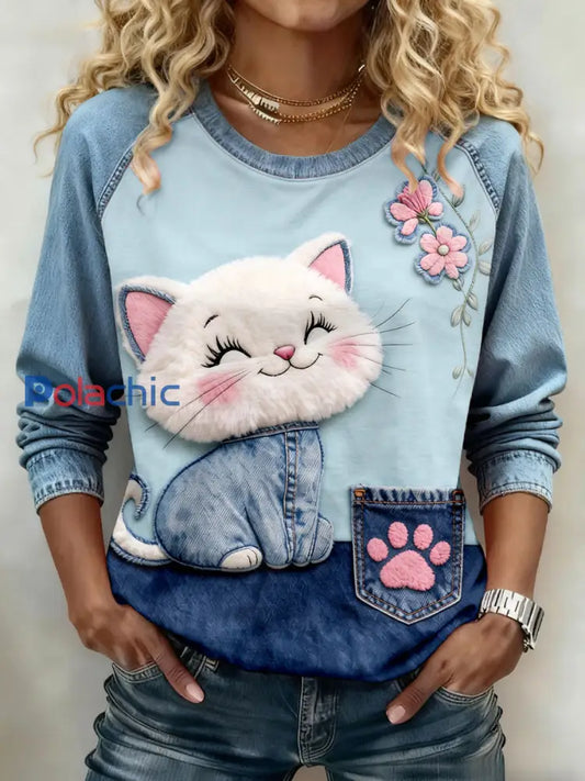 Femmes Chat Imprimer Sweatshirts Bleu / S