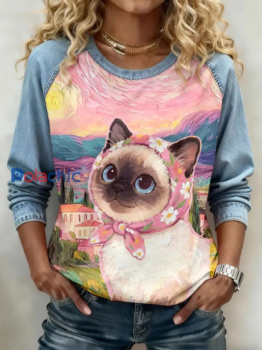 Femmes Chat Imprimer Sweatshirts comme image / S