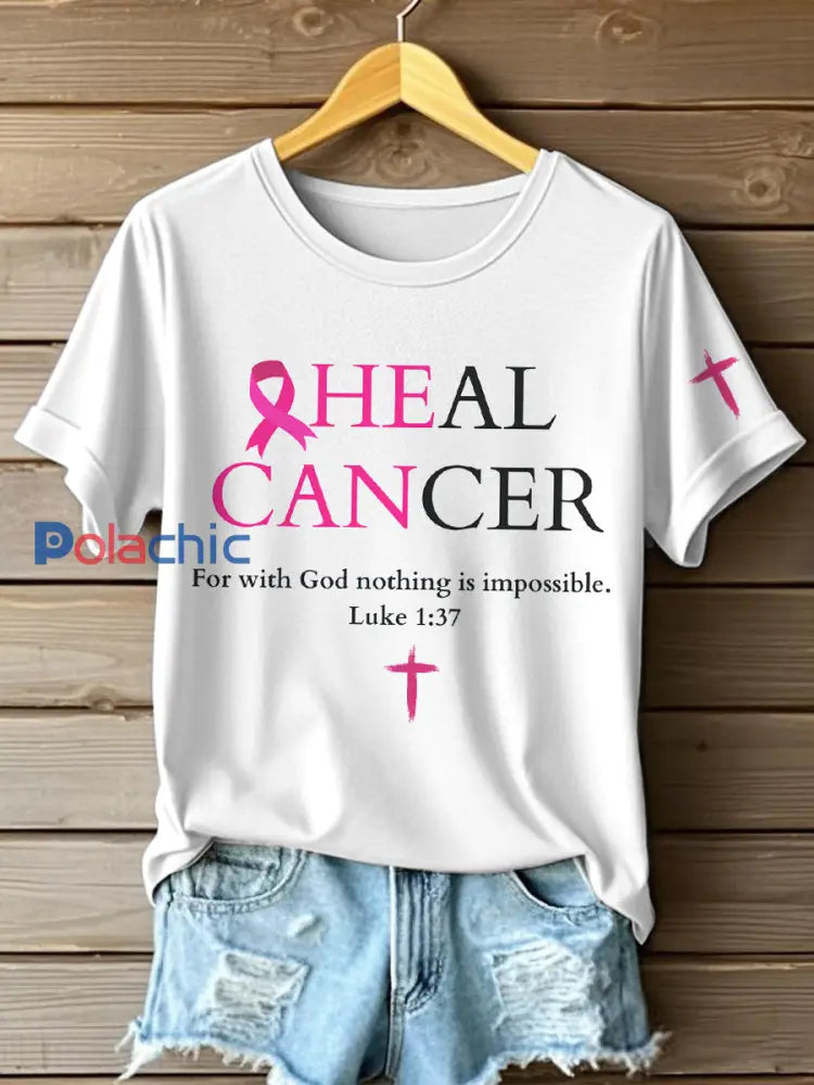 Femmes de guérir le cancer du sein de sensibilisation du cancer Imprimer T-shirt Blanc / S