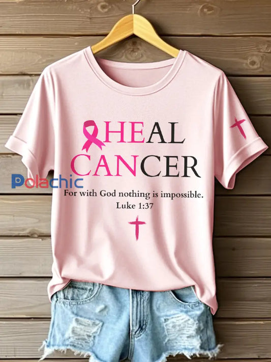 Femmes de guérir le cancer du sein de sensibilisation du cancer Imprimer T-shirt Rose Clair / S