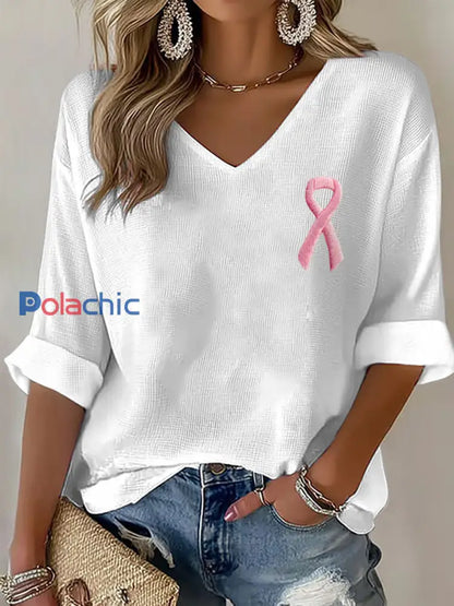 Femmes de la sensibilisation du cancer du sein rose ruban V-Neck Tops Blanc / S