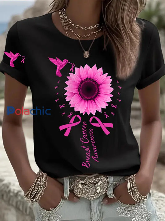 Femmes de sensibilisation au cancer du sein Colibri tournesol ruban rose à manches courtes T shirt Noir / S