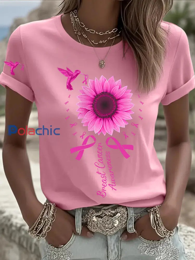 Femmes de sensibilisation au cancer du sein Colibri tournesol ruban rose à manches courtes T shirt Rose / S