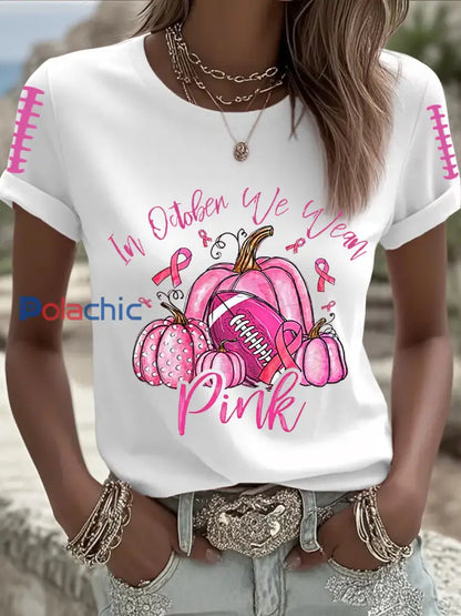 Femmes de sensibilisation au cancer du sein Football rose sur le ruban rose T shirt imprimé Blanc / S