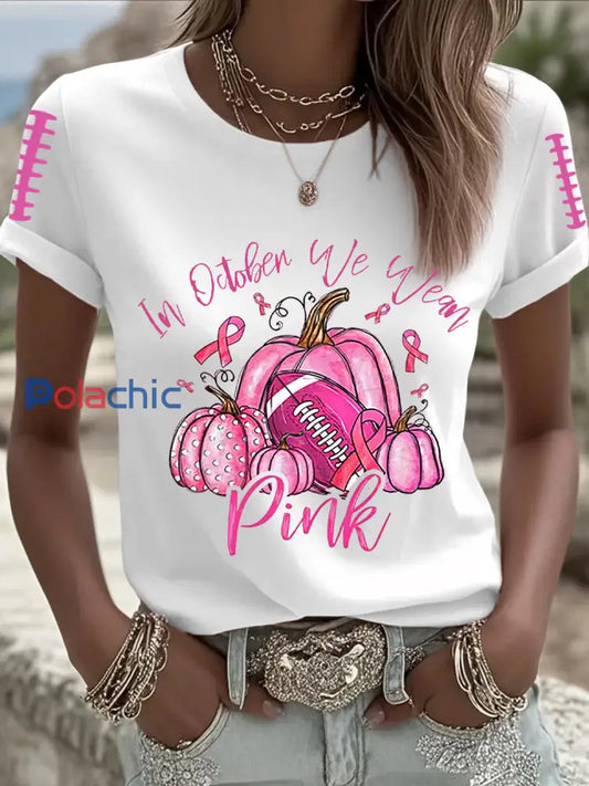 Femmes de sensibilisation au cancer du sein Football rose sur le ruban rose T shirt imprimé Blanc / S