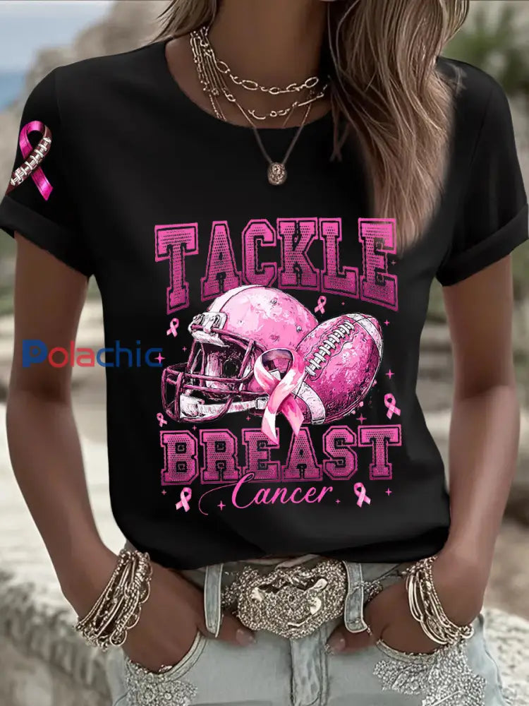 Femmes de sensibilisation au cancer du sein Football rose sur le ruban rose T shirt imprimé Noir / S