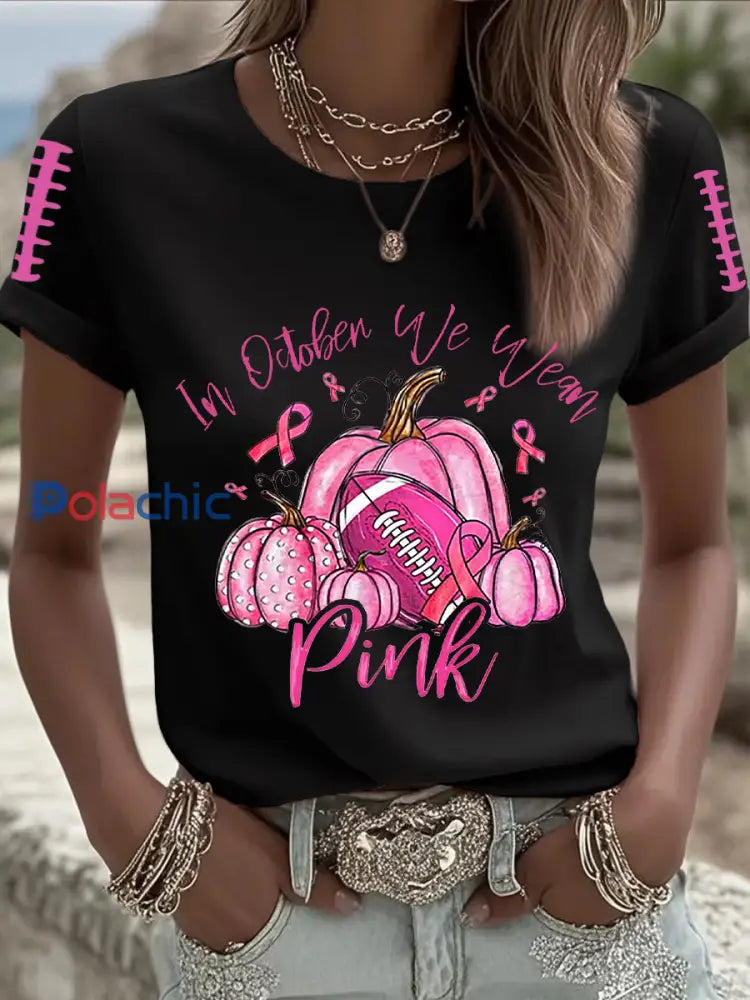 Femmes de sensibilisation au cancer du sein Football rose sur le ruban rose T shirt imprimé Noir / S