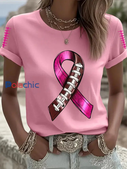 Femmes de sensibilisation au cancer du sein Football rose sur le ruban rose T shirt imprimé Rose / S