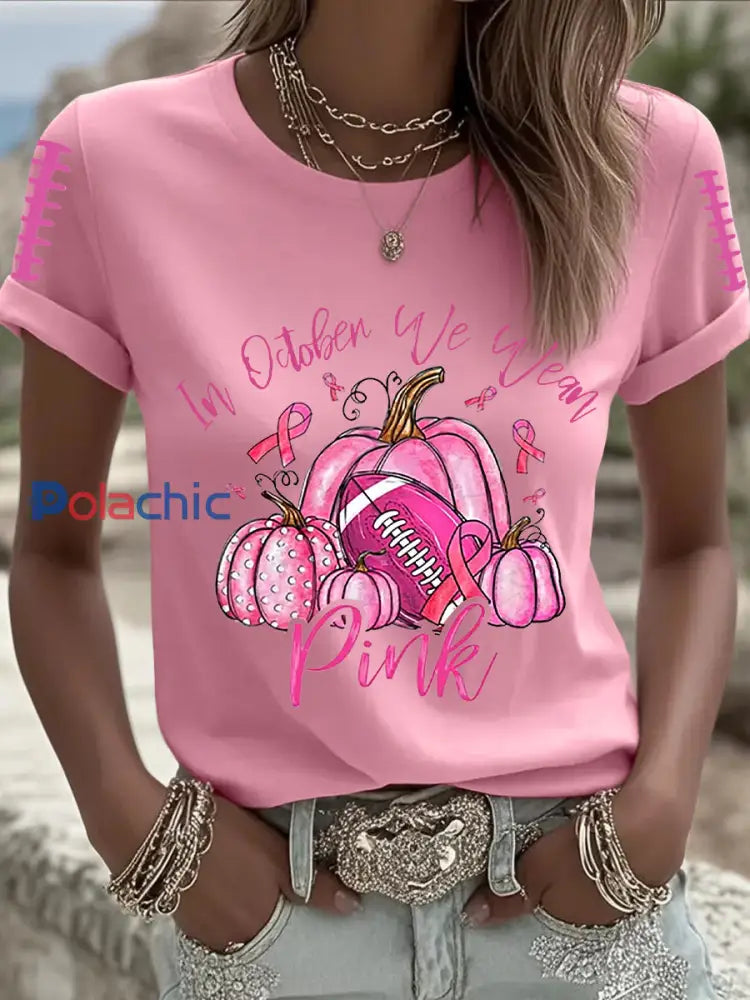 Femmes de sensibilisation au cancer du sein Football rose sur le ruban rose T shirt imprimé Rose / S