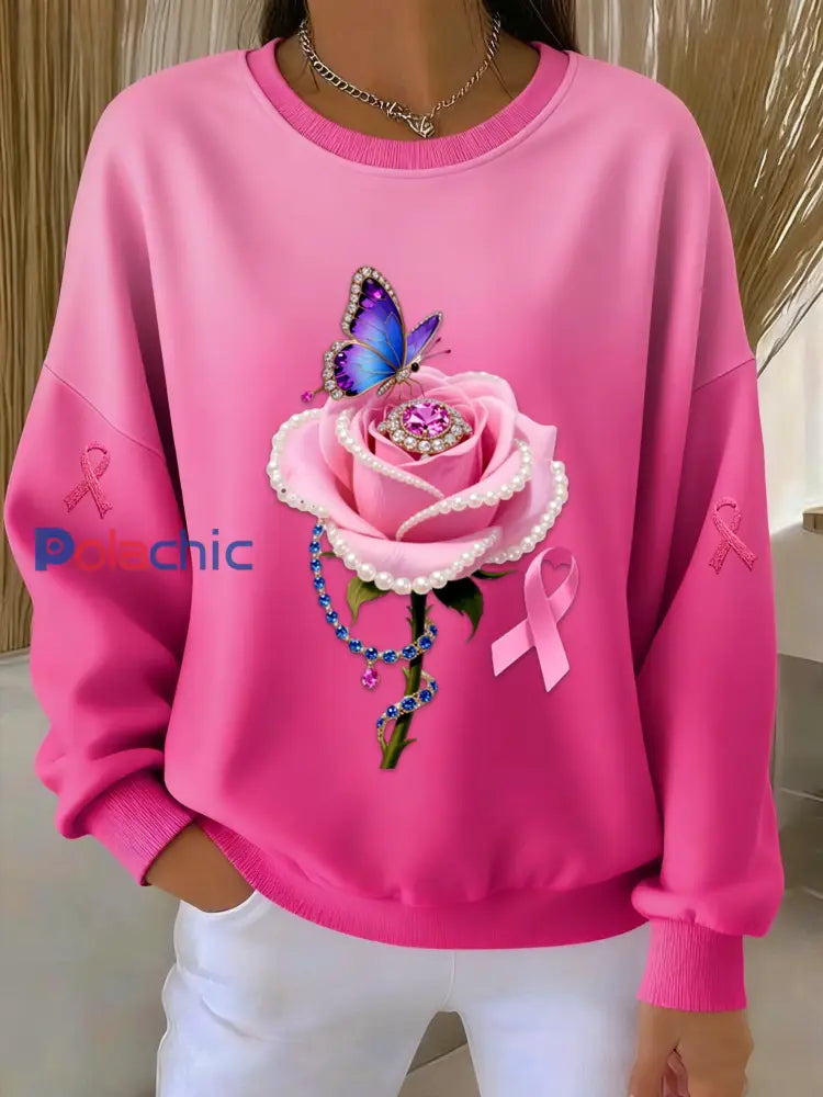 Femmes de sensibilisation au cancer du sein papillon imprimé rose tricot ras du cou à manches longues Sweatshirt Rose