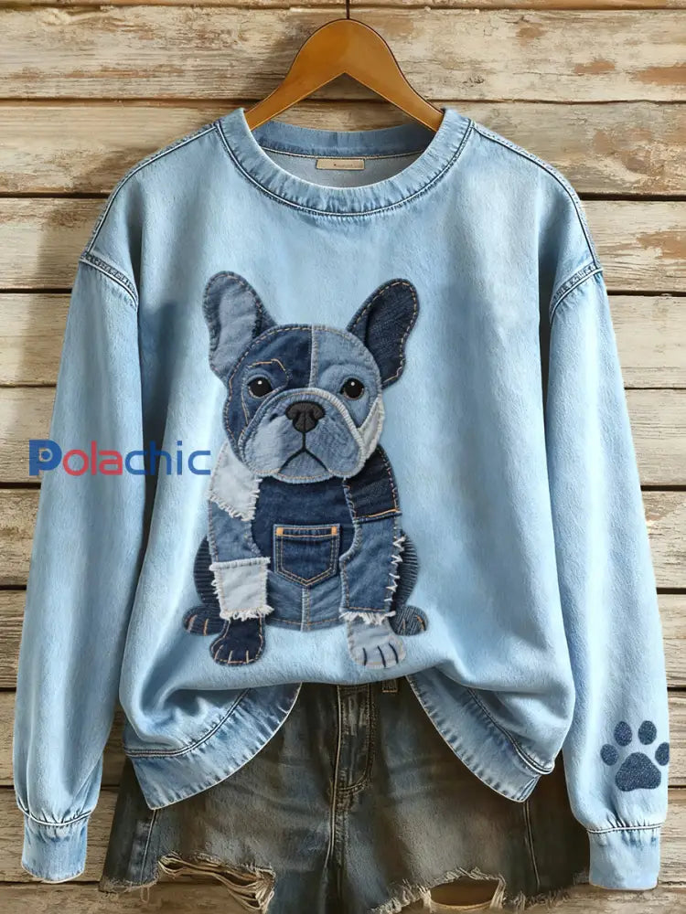 Femmes Denim Patchwork Art Français Bulldog Motif Sweatshirt Bleu / S