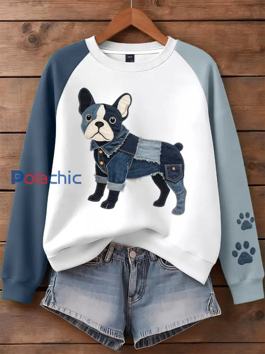 Femmes Denim Patchwork Art Français Bulldog Motif Sweatshirt comme image / S