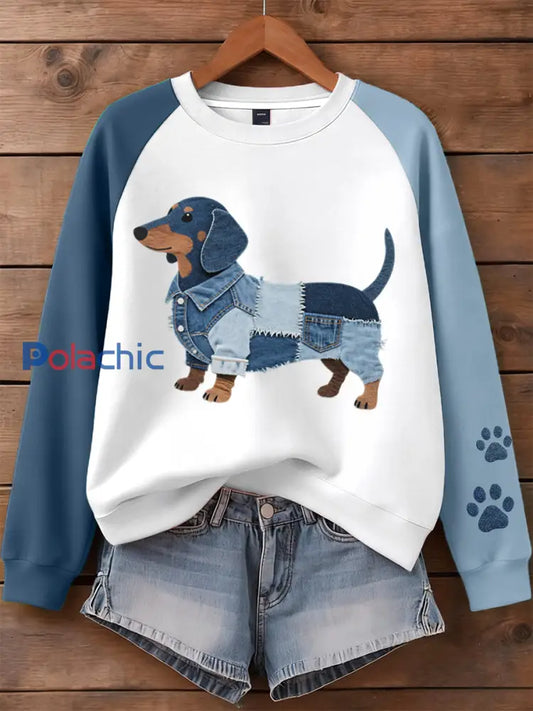 Femmes Denim Patchwork Art Teckel Chien Motif Sweatshirt comme image / S