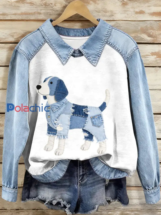 Femmes Denim Patchwork Beagle Dog Pattern Sweatshirt comme image / S