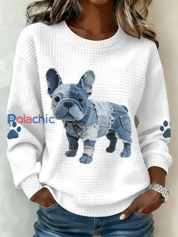Femmes Denim Patchwork Français Bulldog Motif Waffle Sweatshirt Blanc / S