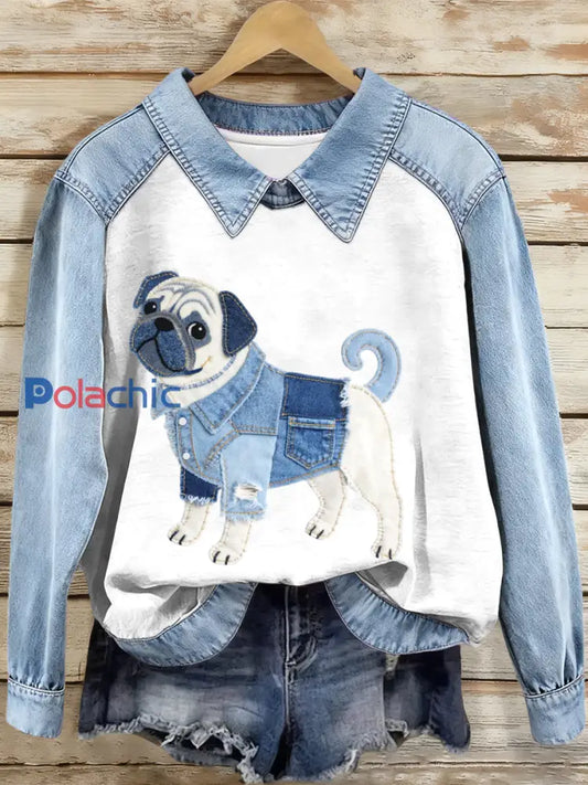 Femmes Denim Patchwork Pug Dog Pattern Sweatshirt comme image / S