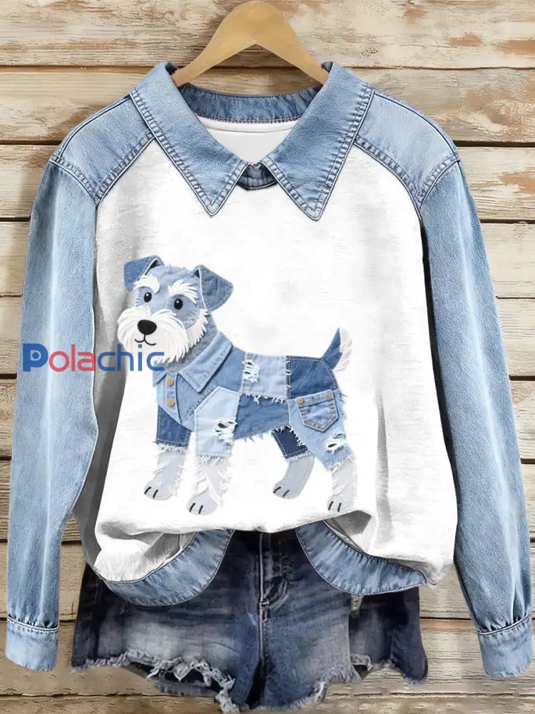 Femmes Denim Patchwork Schnauzer Chien Motif Sweatshirt comme image / S