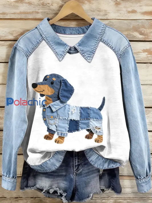 Femmes Denim Patchwork Teckel Motif Sweatshirt comme image / S