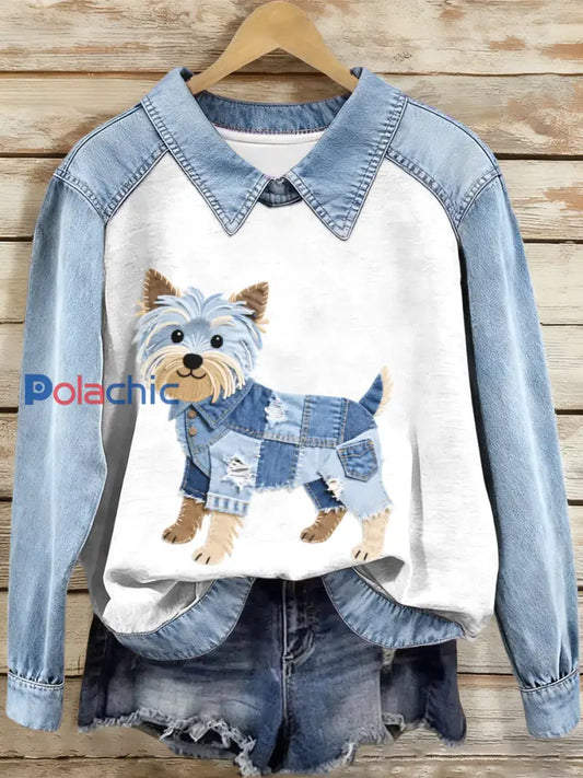 Femmes Denim Patchwork Yorkshire Terrier Chien Motif Sweatshirt comme image / S