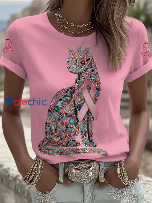Femmes du cancer du sein chat imprimé mode Vintage lâche T shirt à manches courtes Rose / S