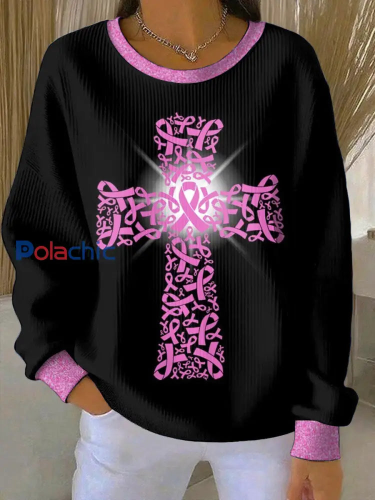 Femmes du cancer du sein col rond manches longues Sweatshirt Noir / S