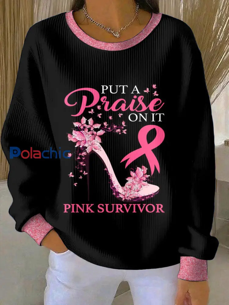 Femmes du cancer du sein col rond manches longues Sweatshirt Noir / S