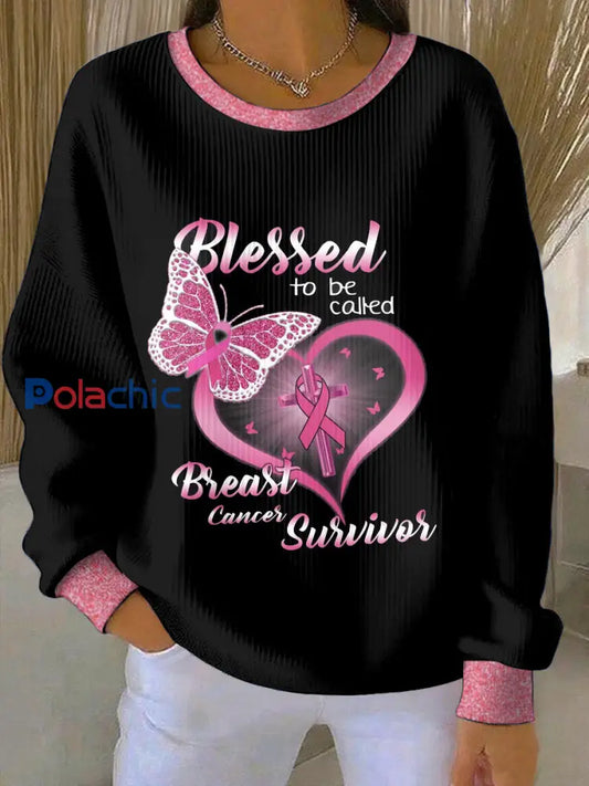 Femmes du cancer du sein col rond manches longues Sweatshirt Noir / S