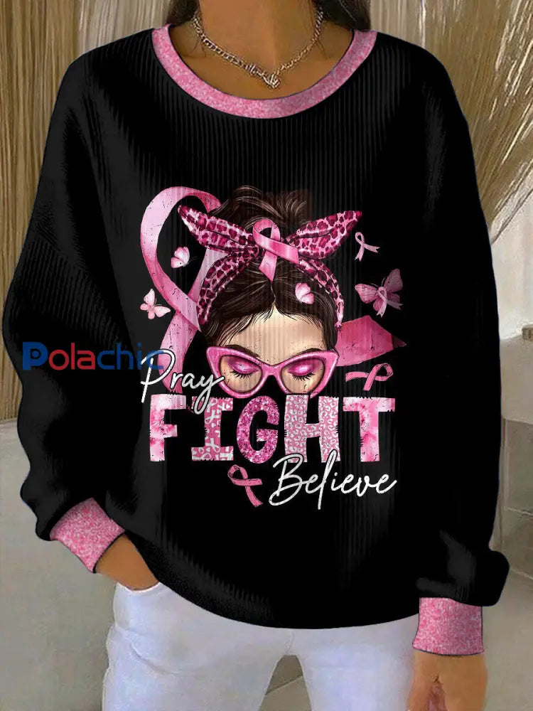 Femmes du cancer du sein col rond manches longues Sweatshirt Noir / S
