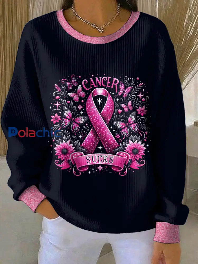 Femmes du cancer du sein col rond manches longues Sweatshirt Noir / S