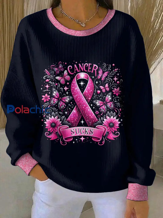 Femmes du cancer du sein col rond manches longues Sweatshirt Noir / S