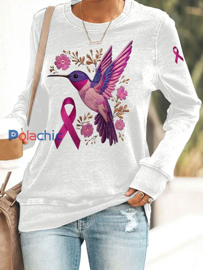 Femmes du cancer du sein Colibri Imprimer Sweat-shirt décontracté Blanc / S