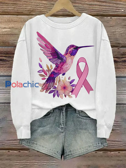 Femmes du cancer du sein Colibri Imprimer Sweat-shirt décontracté blanc / S