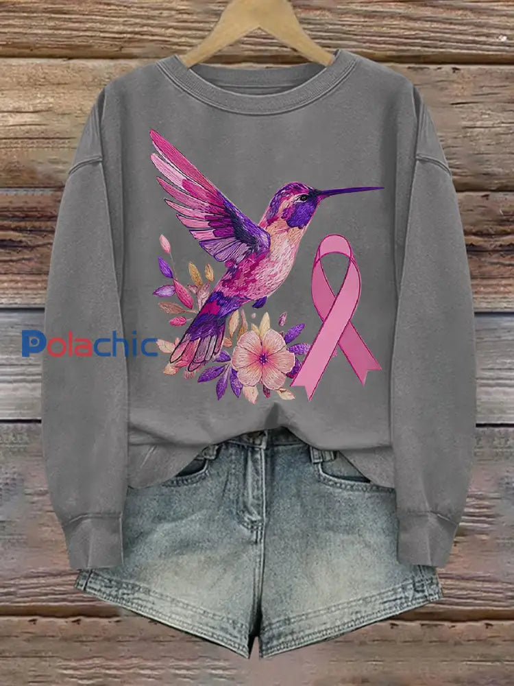 Femmes du cancer du sein Colibri Imprimer Sweat-shirt décontracté gris clair / S