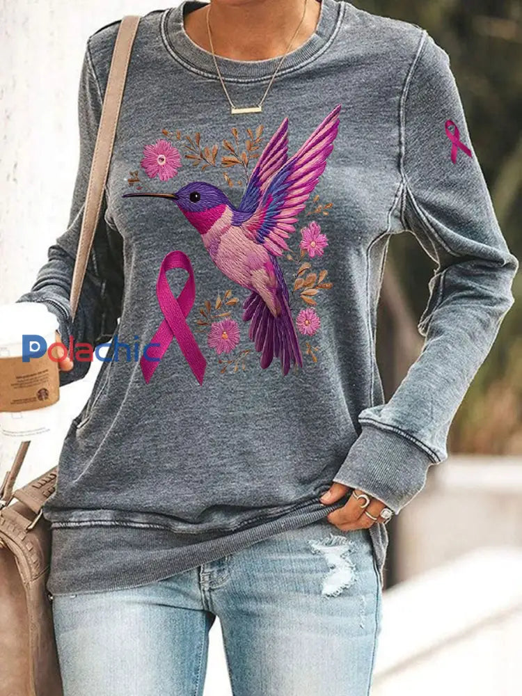 Femmes du cancer du sein Colibri Imprimer Sweat-shirt décontracté Gris / S