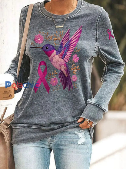 Femmes du cancer du sein Colibri Imprimer Sweat-shirt décontracté Gris / S