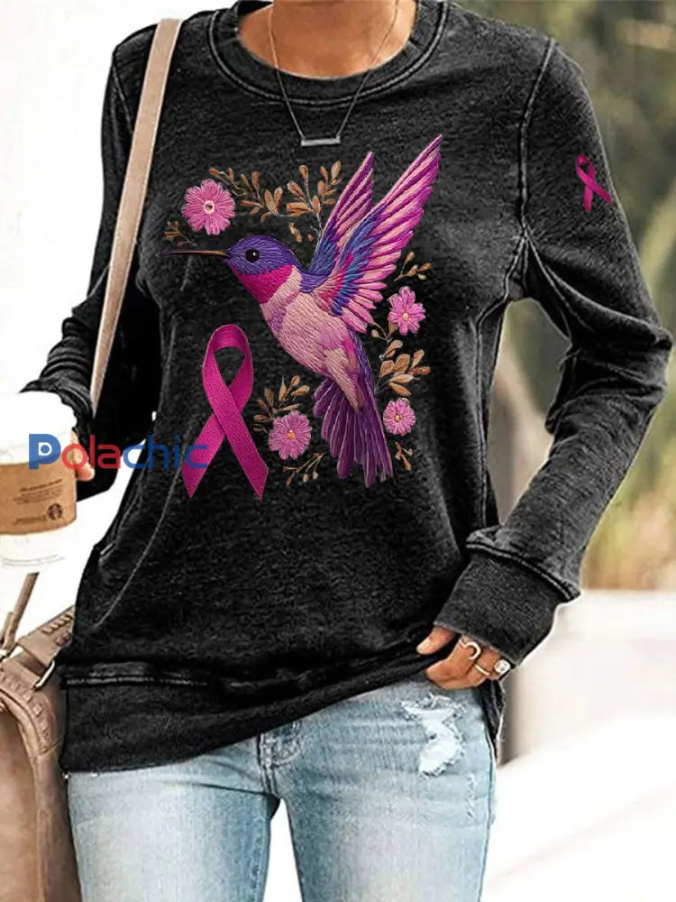 Femmes du cancer du sein Colibri Imprimer Sweat-shirt décontracté Noir / S