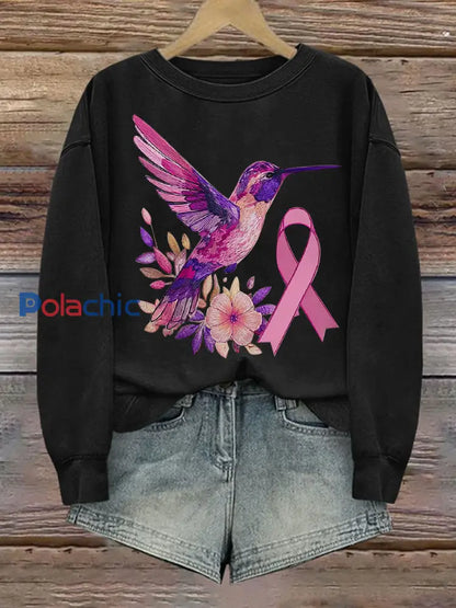 Femmes du cancer du sein Colibri Imprimer Sweat-shirt décontracté noir / S