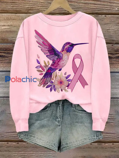 Femmes du cancer du sein Colibri Imprimer Sweat-shirt décontracté rose / S