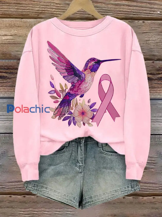 Femmes du cancer du sein Colibri Imprimer Sweat-shirt décontracté rose / S