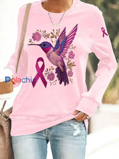 Femmes du cancer du sein Colibri Imprimer Sweat-shirt décontracté Rose / S