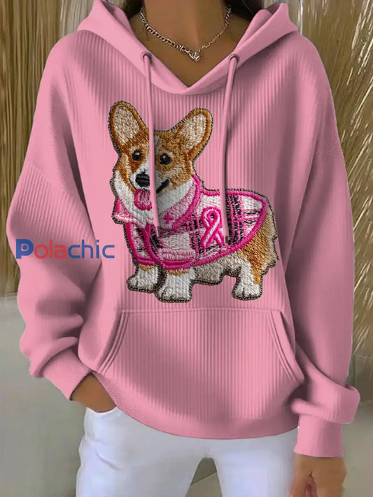 Femmes du cancer du sein Corgi Imprimé col rond à manches longues Hoodie Rose / S