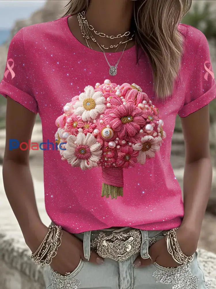 Femmes du cancer du sein fleur imprimé mode Vintage lâche à manches courtes T-shirt Rose Foncé / S