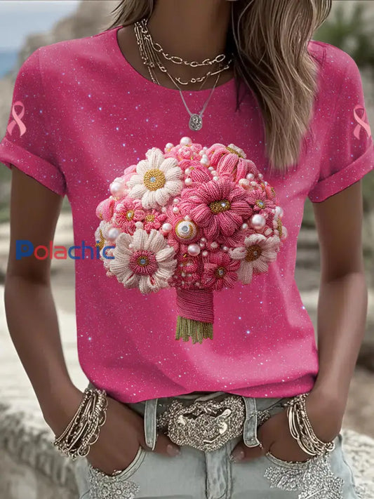 Femmes du cancer du sein fleur imprimé mode Vintage lâche à manches courtes T-shirt Rose Foncé / S