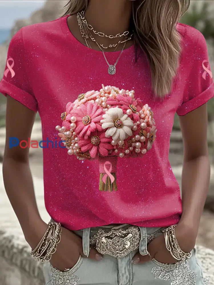 Femmes du cancer du sein fleur imprimé mode Vintage lâche à manches courtes T-shirt Rose Foncé / S