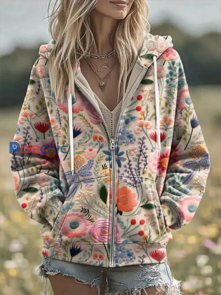 Femmes Femmes du cancer du sein fleurs Imprimer Zip-Up Hoodie comme image / S