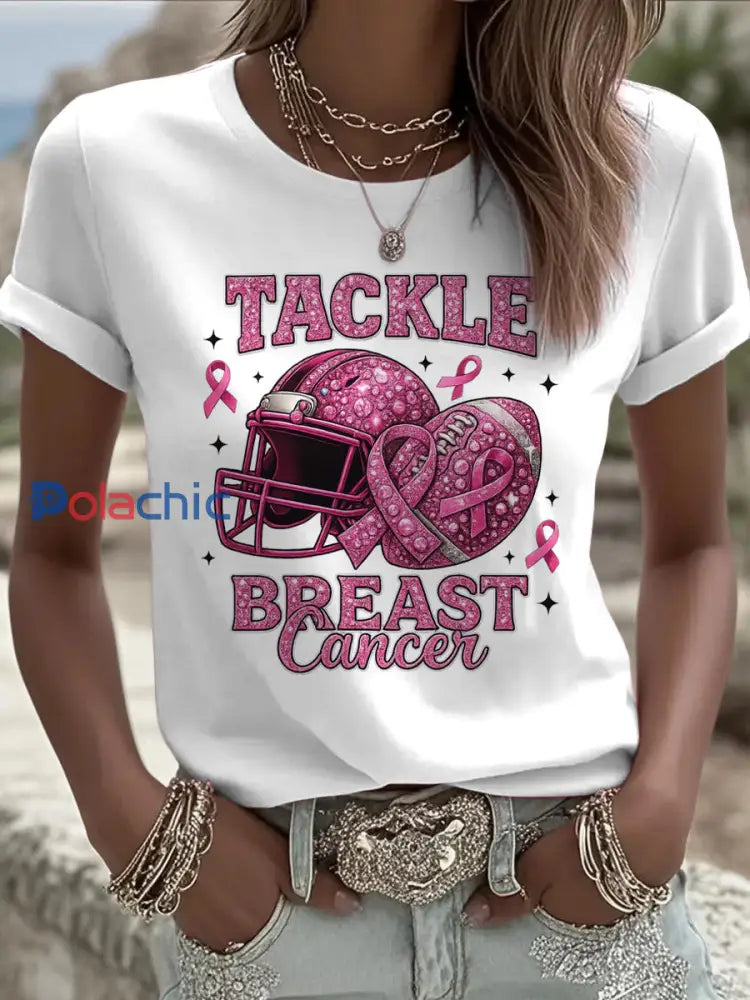 Femmes du cancer du sein imprimé mode Vintage lâche T-shirt à manches courtes Blanc / S