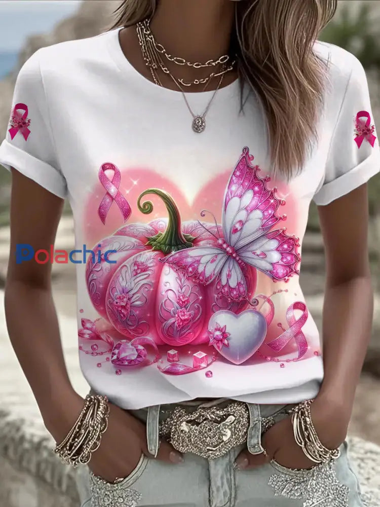 Femmes du cancer du sein imprimé mode Vintage lâche T-shirt à manches courtes Blanc / S