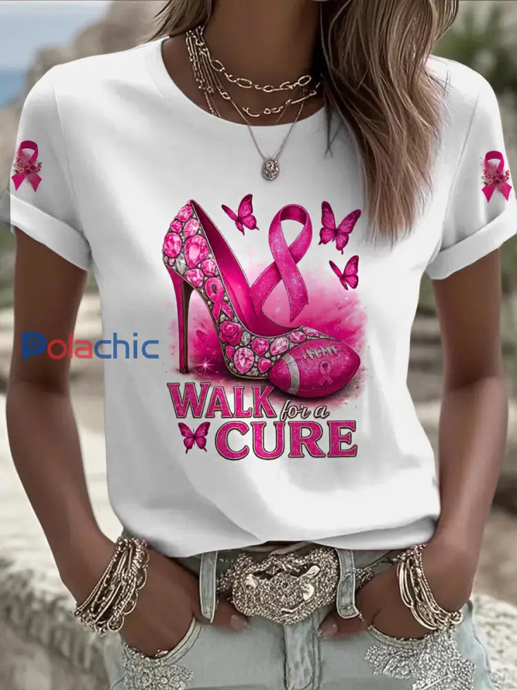 Femmes du cancer du sein imprimé mode Vintage lâche T-shirt à manches courtes Blanc / S