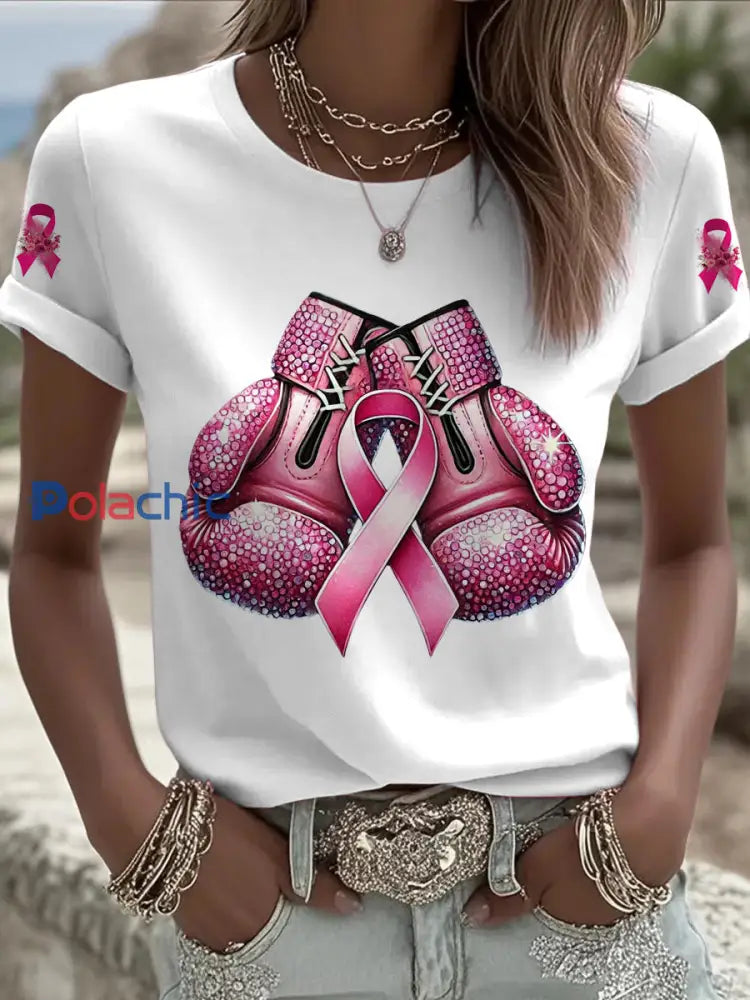 Femmes du cancer du sein imprimé mode Vintage lâche T-shirt à manches courtes Blanc / S