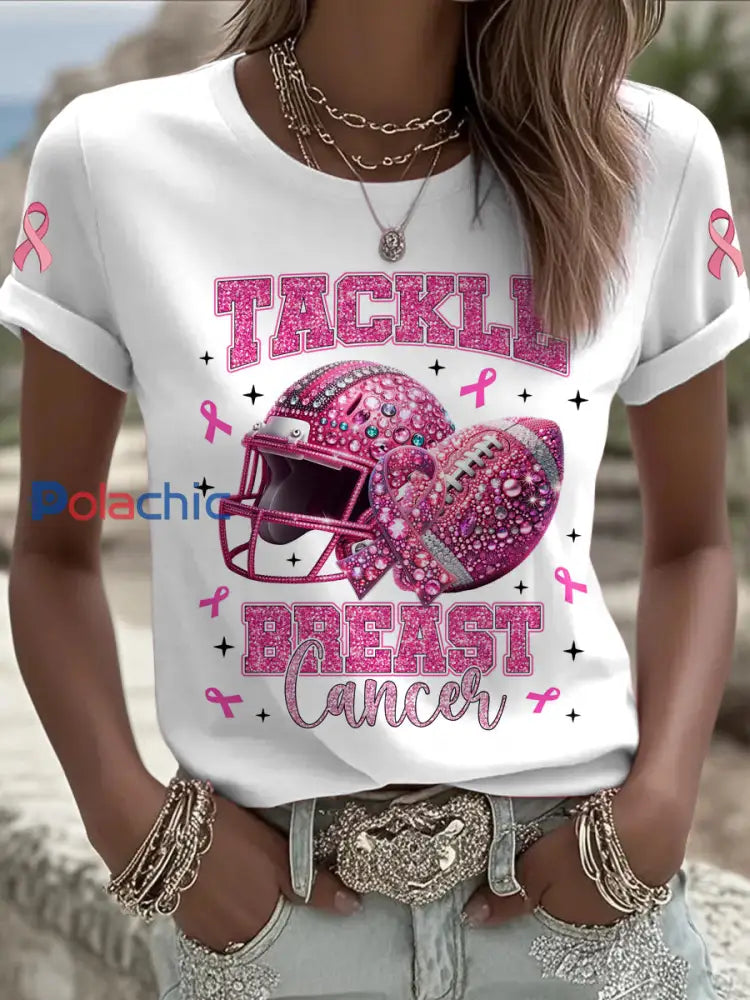 Femmes du cancer du sein imprimé mode Vintage lâche T-shirt à manches courtes Blanc / S